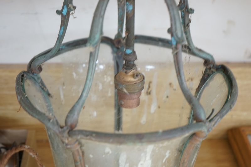 A copper hall lantern, other lighting and an Art Nouveau copper door plate. Condition - varies